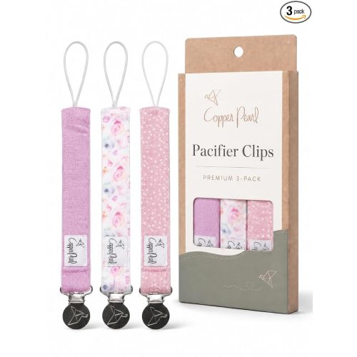 Copper Pearl Premium Knit Pacifier Clips 3-Pack: Stylish Stainless Steel Holders for Baby Girls and Boys - Prevents Floor Drops - Bloom Design