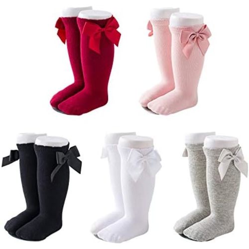 Baby Girls Knee High Socks Bow Tube Ruffled Knit Cotton Long Stockings for Infants and Toddlers 5 Pairs