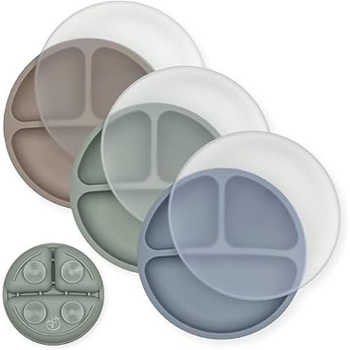 Hippypotamus Toddler Plates with Suction - 100% Food-Grade Silicone Baby Plates with Lids - Microwave & Dishwasher Safe - BPA Free - Set of 3 (Fog/Sage/Taupe with LIDS)