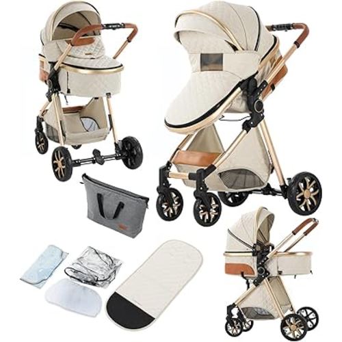 2 in 1 Baby Stroller, Convertible Pram, Reversible Standard Stroller, Portable Baby Buggy, Infant Carriage, Foldable High Landscape Pushchair for Toddler Newborn (225 Creamy White)