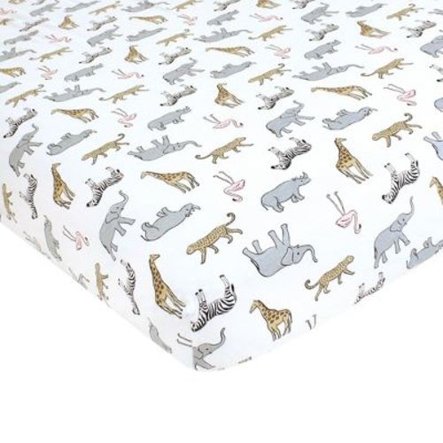 Hudson Baby Infant Girl Cotton Fitted Crib Sheet, Modern Pink Safari, One Size