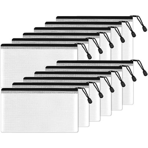 SUNEE Plastic Mesh Zipper Pouch 4.6x9.2 in (Black, 12 Packs), Small Water-Resistant Zip Bag for School Office Supplies, Pencil Organizing Storage