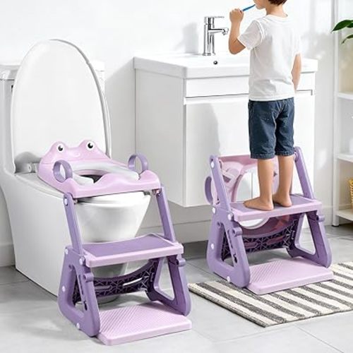 Orzbow Frog Potty Training Seat, Toddler Toilet Seat with Step Stool Ladder, 2-in-1 Potty Training Toilet Essentials for Boys Girls, Adjustable Height, Non-Slip Step and Splash Guard Design, Pink