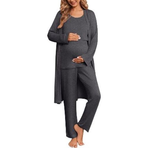 Ekouaer Nursing Pajamas Maternity Robe Set 3 Pieces Postpartum Maternity Pajama Set Pregnancy Breastfeeding Pj Deep Grey XXL