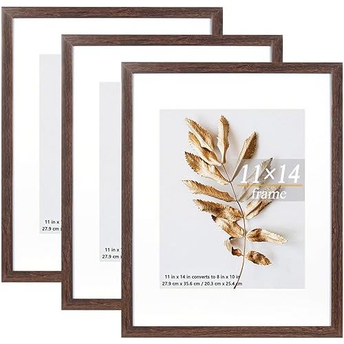 11x14 Picture Frame Brown 3 Pcs Frames can Display 8x10 Picture with Mat or 11x14 Without Mat on the Wall