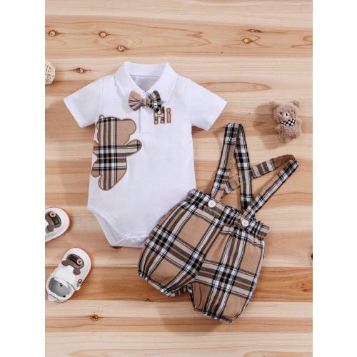 2pcs/Set Summer Cartoon Bear Plaid Bow Decor Infant Short Sleeve Romper + Bib Shorts Set