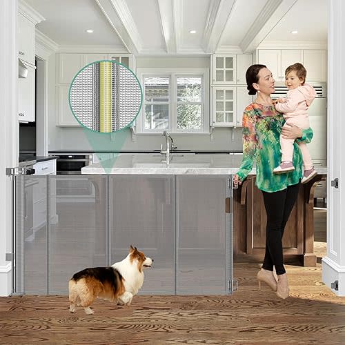 Upgraded 60" Wide Retractable Dog Gate with Reinforced Rods - Bottom Anti-Escape, 5 ft Retractable Baby Gates for Doorways Retractable Gates for Dogs Indoor/Outdoor Retractable Pet Gate, Gray