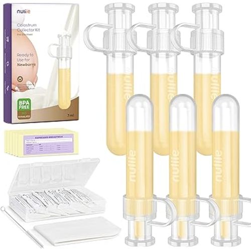 Nuliie Colostrum Collector Kit 7ml/8pcs, Leakproof, Reusable Breast Milk Collector, Heat & Freezer Resistant, BPA-Free, With Cotton Cloth Wipe, Storage Case, Cleaning Brush - Ready-to-Use for Newborns