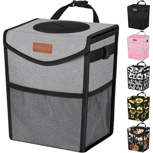 Pritent Car Trash Can with Lid, Cute Leakproof Car Trash Garbage Bag Hanging Vehicle Trash Bin Small Portable Automotive Garbage Cans Organizer for Back/Front Seat/Console(Trapezoid,Grey)