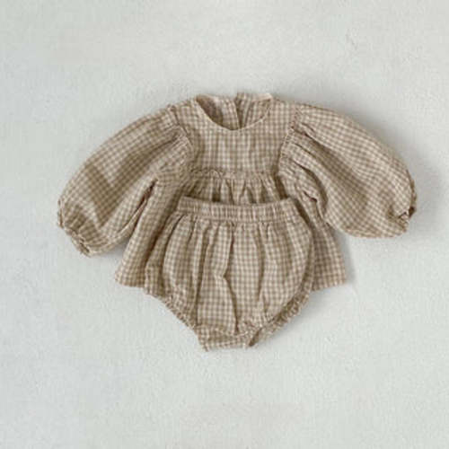 Plaid Balloon Sleeve Linen Bloomer Set | RYAN AND REMI