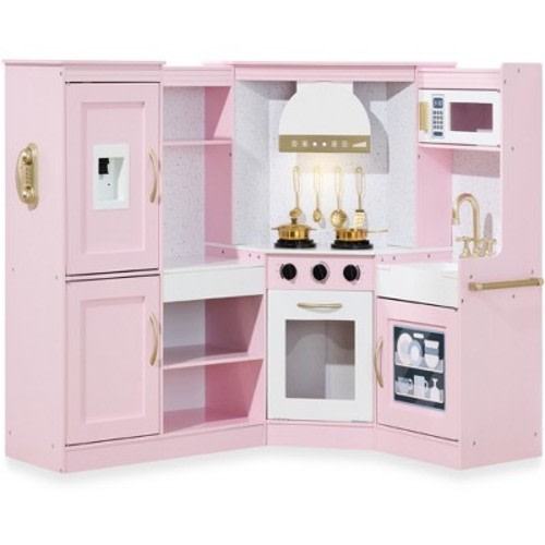 Best Choice Products Pretend Play Corner Kitchen, Interactive Wooden Kids Set w/ Lights & Sounds - Bevel Pink