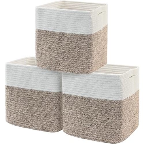 3 Pack Cube Storage Bin, 11 Inch Cotton Rope Baskets for Organizing, Woven Fabric Kids Toy Bin Box, Baby Nursery Cube Storage Organizer, Decorative Cute Wicker Square Basket for Shelves