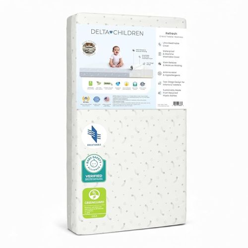 Delta Children Refresh 2-Stage Crib and Toddler Mattress - Breathable Cover and Core - Machine Washable - GREENGUARD Gold – Waterproof - Sustainably Sourced Core, Grey