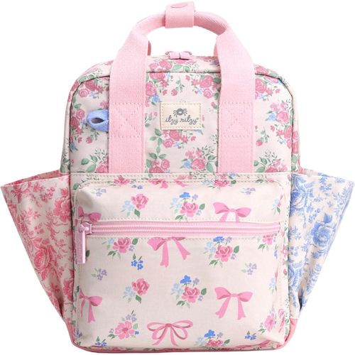 Itzy Ritzy Toddler Backpack - Daycare Bag - Features Adjustable Shoulder Straps, 2 Side Pockets & Spacious Interior with Wipeable Fabric Lining & Name Label, Ribbons & Roses Backpack
