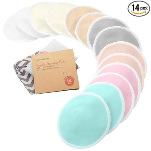 Organic Nursing Pads - 14 Washable Viscose Derived from Bamboo Breastfeeding Pads, Wash Bag, Reusable Breast Pads for Breastfeeding, Nipple Pads for Breastfeeding Essentials(Pastel Touch, L 4.8")