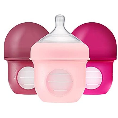 Boon NURSH Reusable Silicone Pouch Baby Bottles for Air-Free Feeding with Stage 1 Slow Flow Nipple, 4 Ounce (Pack of 3)