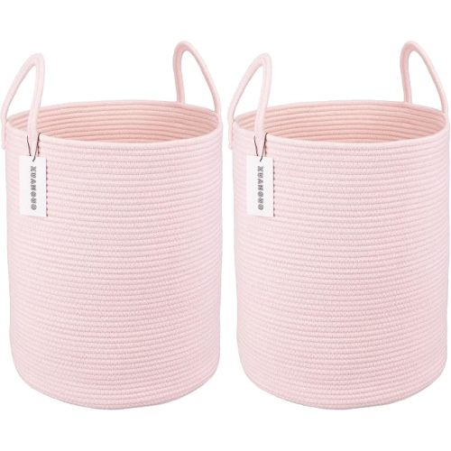 XUANGUO Cotton Rope Laundry Basket Hamper for Girls Kids Baby Nursery Pink