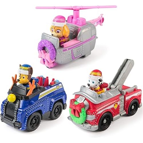 Paw Patrol Holiday Vehicle Bundle, Holiday-Themed Chase, Marshall & Skye Action Figures & Rescue Vehicles, Kids Toys for Boys & Girls Ages 3 & Up
