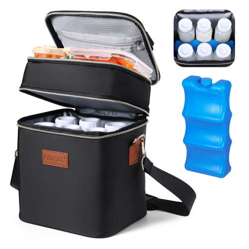 Breastmilk Cooler Bag Insulated with Ice Pack, Holds 6 Bottles Up to 9 Ounce, Waterproof Leak-Proof Double Layer Bottle Tote with Strap for Nursing & Working Moms Black