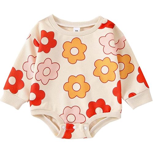 Kayotuas Baby Girl Crewneck Sweatshirt Romper Oversized Long Sleeve Flower Printing Bodysuit Cute Fall Clothes - Beige-floral