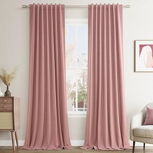 Guken Pink Linen Blackout Curtains 84 Inch Length 2 Panels Set for Living Room Bedroom Back Tab Thermal Insulated 100% Black Out Linen Drapes Room Darkening Window Curtains 84 Inches Long