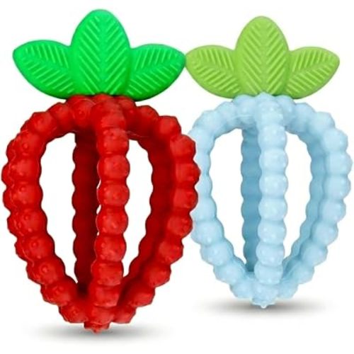 RaZbaby Silicone Infant & Baby Teething Toy, Textured BerryBumps Soothe Babies Sore Gums, RaZberry Bites Relief Teether, Back & Front Teeth, BPA Free, Fruit Shape for Babies 3M+ (Red & Blue)