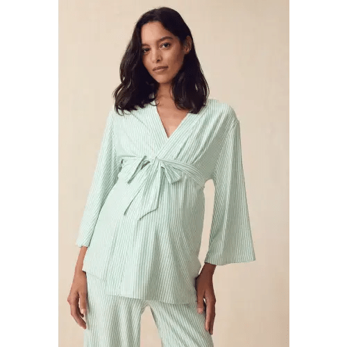 LAKE | Women | DreamModal Pajamas | Parisian Green Pencil Stripe Maternity Kimono Bundle