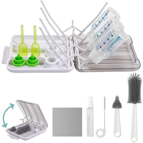 Baby Bottle Brush, 7 in 1 Travel Bottle Cleaner Kit with Soap Dispenser, Bottle Drying Rack, Dishcloths, Portable Essentials for Home and Travel-White
