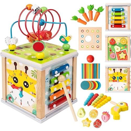 Wooden Activity Cube | 10-in-1 Montessori Toys | Multipurpose Baby Educational Developmental Toy | Bonus Shape sorter & Ball Coin Stick Drop Game | Birthday Gift for Baby Boys Girls