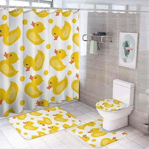 Shower Curtain 4 Piece Sets Cartoon Rubber Ducks Pattern with Non-Slip Rugs,Toilet Lid Cover and Bath Mat, Bathroom Set Holiday Home Decor