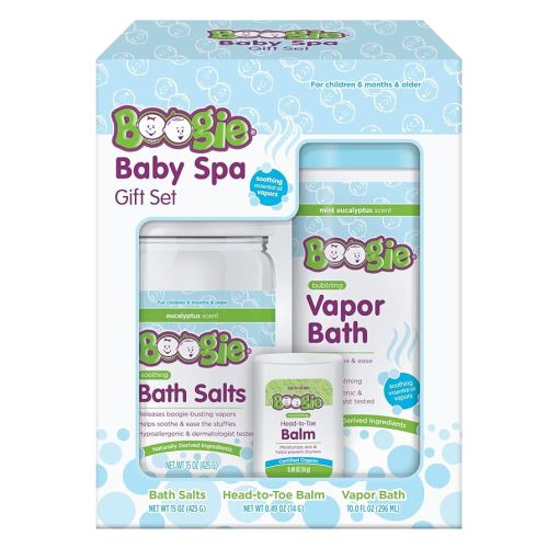 Boogie Spa Kit, Includes Boogie Kids Bath Salts, Eucalyptus, 15 oz (Pack of 1) Vapor Bath 10 Fl oz (Pack of 1) Chest Rub Stick 0.49 oz (Pack of 1)