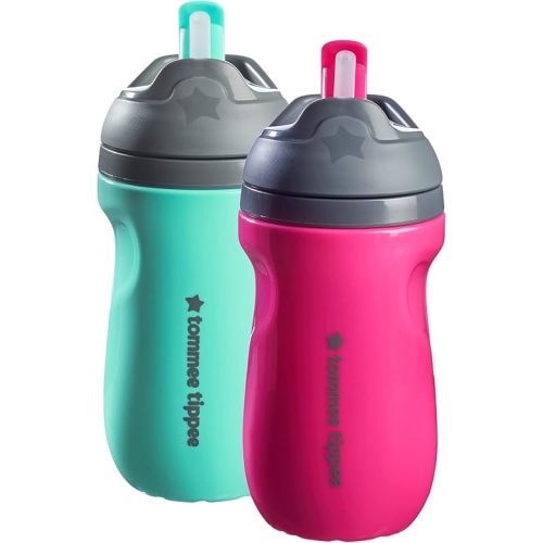 Tommee Tippee Insulated Spill-Proof Straw Cup, 12 Months+, 9oz, Toddler Training Sippy Cup, Sporty Carry Handle, Bite Resistant Spout, Pack of 2, Pink and Mint