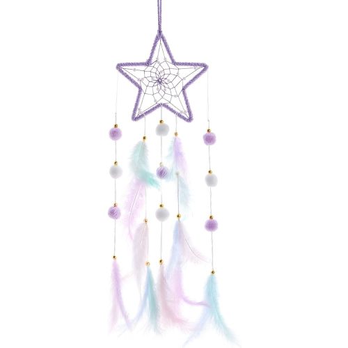 Pretty Jolly Purple Star Kids Dream Catcher Wall Decor Pompom Feather Baby Dreamcatcher Handmade Children Dream Catcher Home Décor Wall Hanging for Nursery Bedroom Boys Girls Birthday Gift-25.6in
