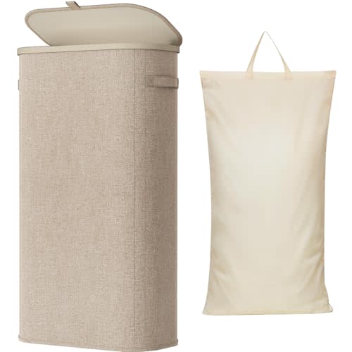 Lifewit Slim Laundry Basket with Lid and Removable Bag, 75L, Beige | Collapsible Narrow Laundry Hamper, Skinny Washing Basket with Plastic Frame, Dirty Clothes Organiser for Laundry, RV, Dorm