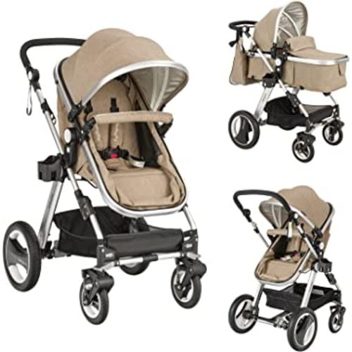 BABY JOY Baby Stroller, 2-in-1 Convertible Bassinet Reclining Stroller, Foldable Pram Carriage with 5-Point Harness, Including Cup Holder, Foot Cover, Diaper Bag, Aluminum Structure, Khaki