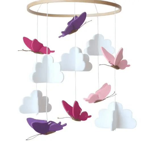 Baby Crib Mobile - Butterflies in The Clouds Nursery Crib Decoration for Girls & Boys - Pink & Purple