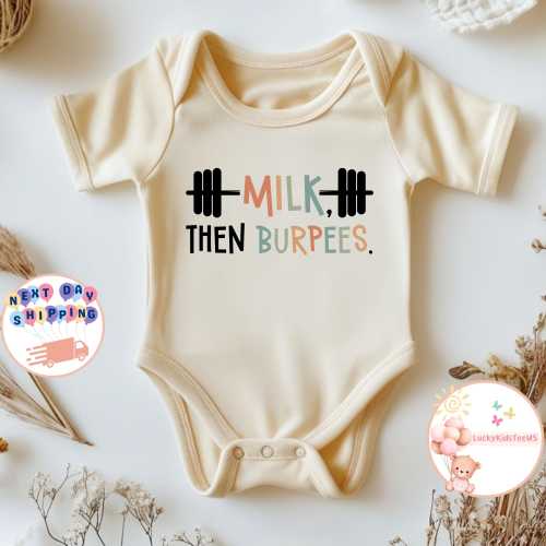 Milk Then Burpees Baby Onesie®, Funny Baby Bodysuit, Baby Shower Gift, Newborn Baby Onesie®, Cute Baby Outfit, Gym & Crossfit Baby Bodysuit