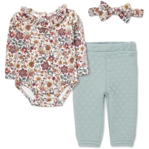 Baby Essentials Infant Girl 3-Piece Outfit Set with Bodysuit, Quilted Jogger Pants & Headband
