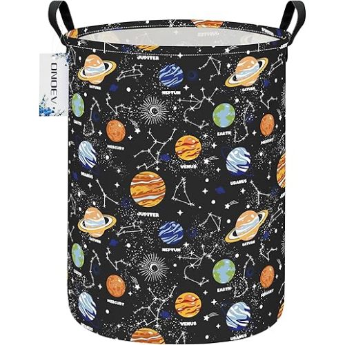 Kids Laundry Hamper, Large Collapsible Round Solar System Space Themed Laundry Basket, Waterproof Fabric Planets Organizer with Handles for Boys Bedroom Nursery Playroom
