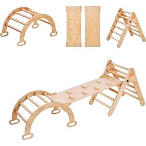 VEVOR Pikler Triangle Set Climber 5 in 1, Toddler Climbing Toys Indoor Folding with Arch&Ramp&Ladder for Montessori Play Gym for Toddlers and Kids, Wooden Color, Medium Size