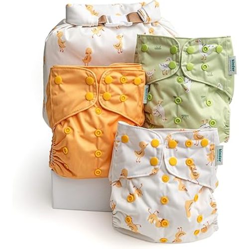 Kinder Cloth Diapers Reusable Baby Diapers Pocket Style Athletic Wicking Jersey, Wet Bag, Newborn to Potty Training 7-60lbs, One Size, Inserts NOT Included (Just Ducky, 3 Pack, Without Inserts)