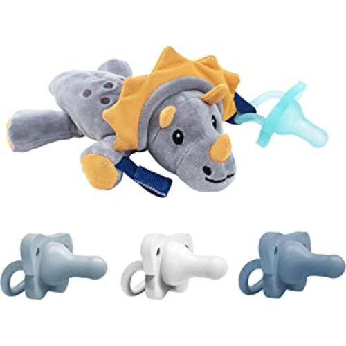 Dr. Brown’s HappyPaci 100% Silicone Baby Pacifier 0-6m, BPA Free 4-Pack with Lovey Soft Plush Animal Teether Holder, Triceratops