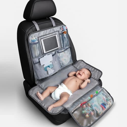 Baby Portable Large Diaper Changing Station for Car | Lightweight Baby Changing Pad for Travel with 4 Pockets, Clear Tablet & Wipes Holder, Foldable Waterproof Mat | Travel Baby Essentials Road Trips