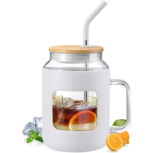 WINSA 50 oz Glass Water Bottles with Silicone Sleeve,Glass Tumbler with Lid and Straw,Iced Coffee Cup with Handle,BPA Free-White