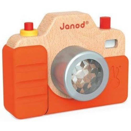 Janod Beech Wood Toddler Camera with Light & Sound Effects & Silicone Cover for Pretend Play Ages 18 Months+
