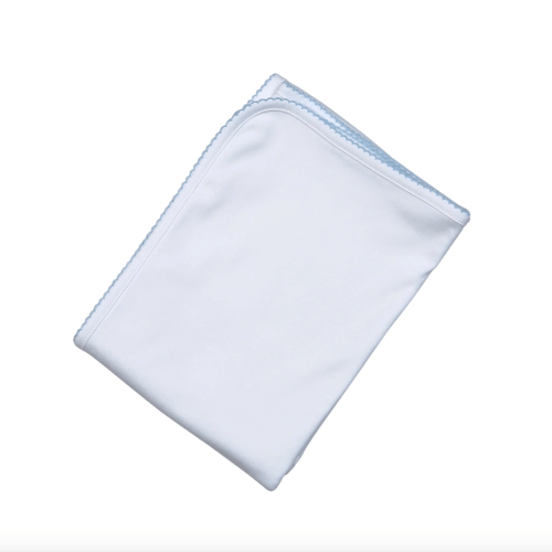Baby Loren-White Receiving Blanket Blue Picot Trim