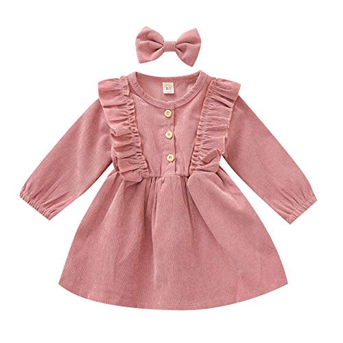 Karuedoo Kids Toddler Baby Girl Corduroy Ruffle Long Sleeve Dress Princess Party Dress Fall Winter Skirt Outfit