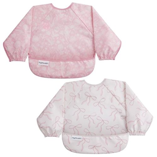 Tiny Twinkle Long Sleeve Bib for Babies & Toddlers | 2-Pack Waterproof Smock Bib for Eating | Machine Washable & Mess-Proof Feeding Essentials | Newborn Shower Gift (Toile,Bows, 6-24M)