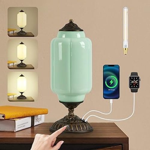 Vintage Milk Glass Table Lamp - 3 Way Dimmable Touch Control - Green Living room End Table Lamps with USB C+A Charging Ports - Single Mid Century Modern Bedside Lamp for Bedroom Nightstand (Bulbx1)