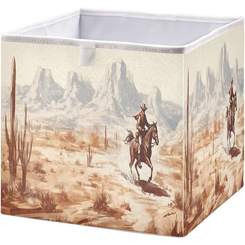 Vintage Western Cowboy Cube Storage Bin - 11 Inch Fabric Storage Boxes with Handle - Foldable Home Organizer for Closet, Shelves